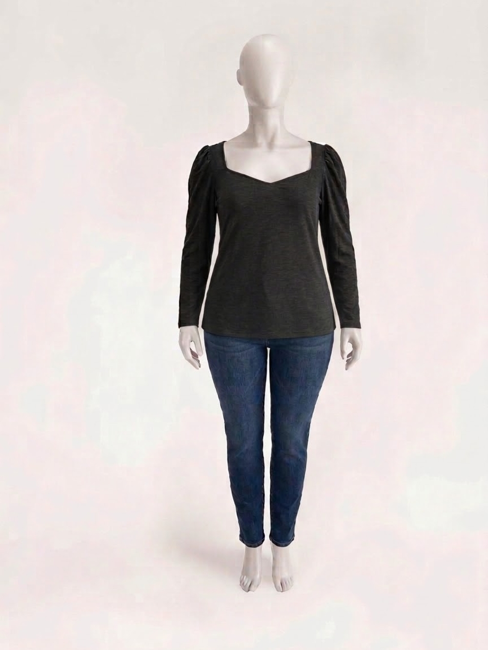 GAP Women’s Black Ribbed Sweetheart Neck Puff Sleeve Long Sleeve Top - XL